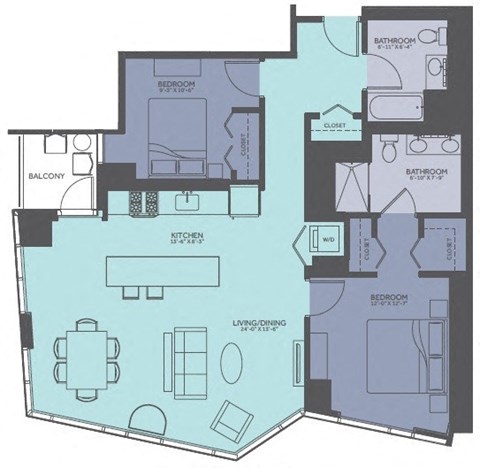 Floor plan for 2 beds, 2 baths, 1210 sqft